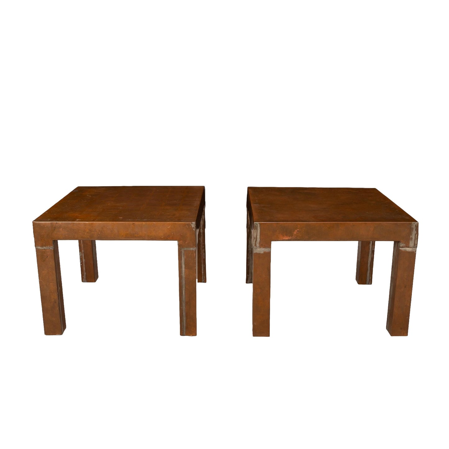 1970s Parsons Style Copper Clad Side Tables – Square Low Accent Tables Vintage Modern Brutalist 17x17x13.25 Inch – Pair