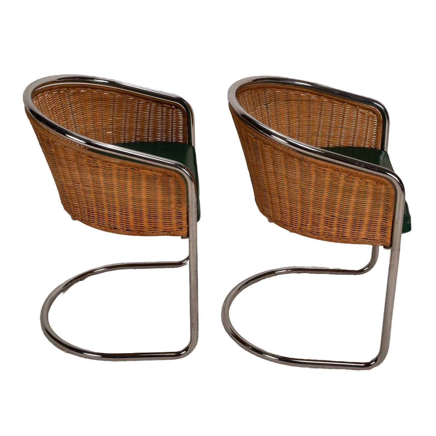 Harvey Probber Style Italian Cantilever Chrome and Wicker Dining Chairs - A Pair , Unique Pop Piece Tub Seats USA Shipping Available