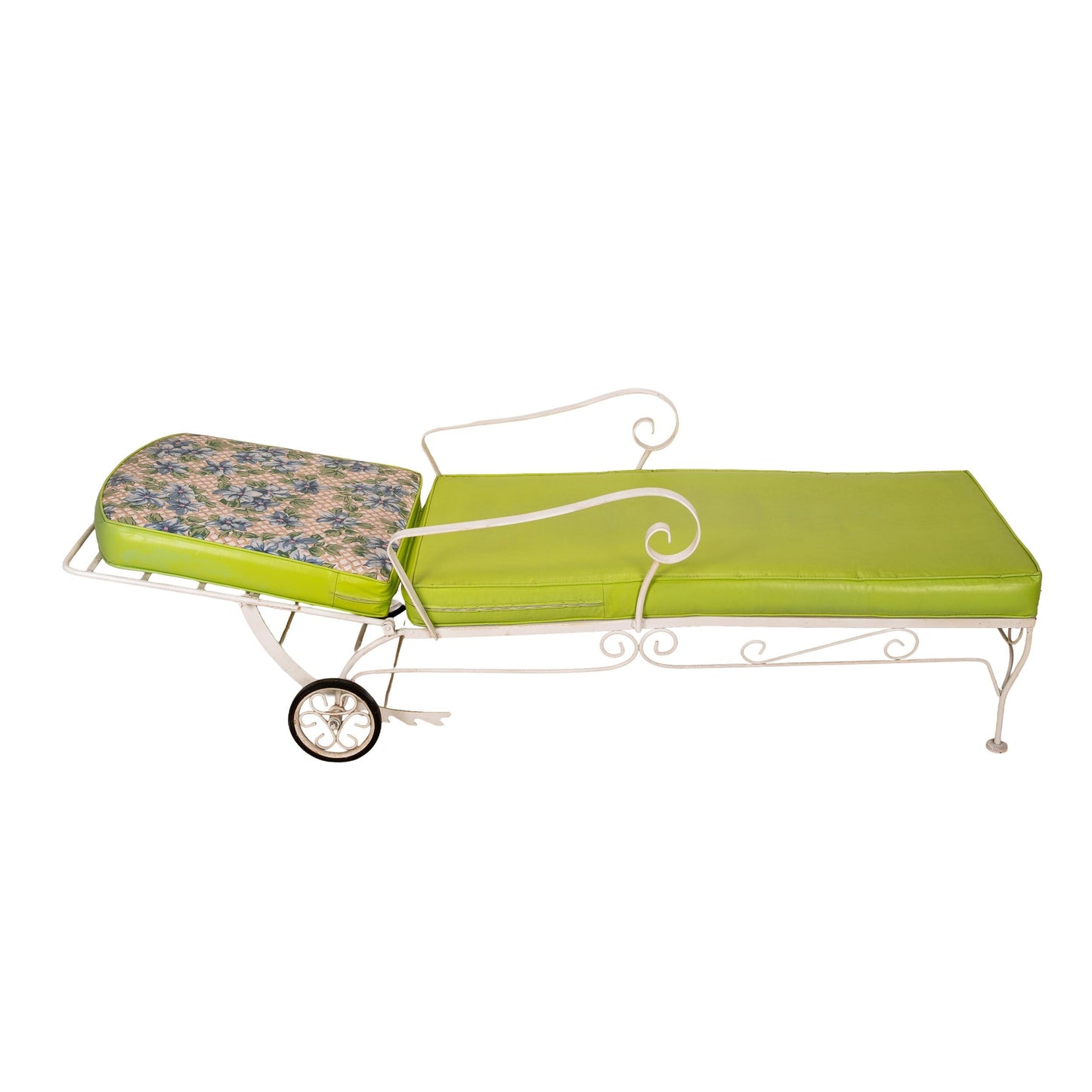 1960s Floral Wrought Iron Patio Chaise Lounge Chair Lounger , Vintage Mid Century Flair