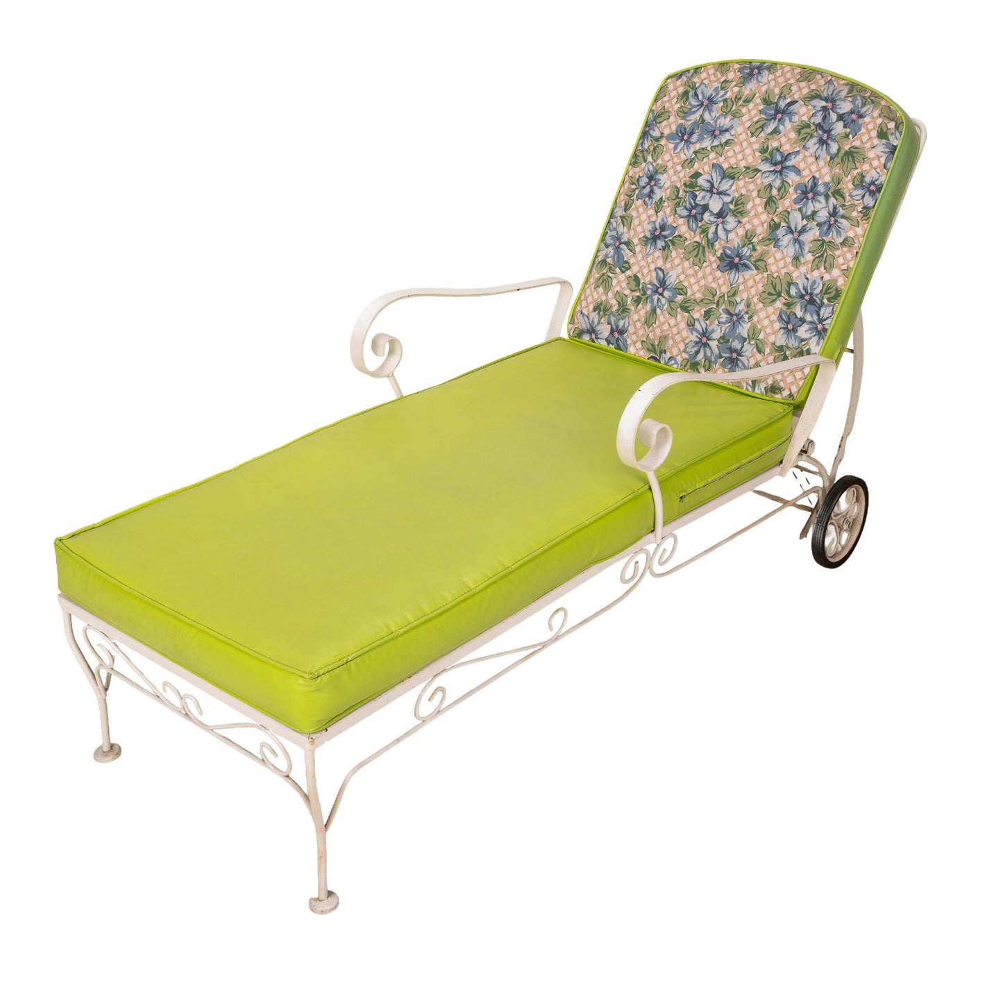 1960s Floral Wrought Iron Patio Chaise Lounge Chair Lounger , Vintage Mid Century Flair