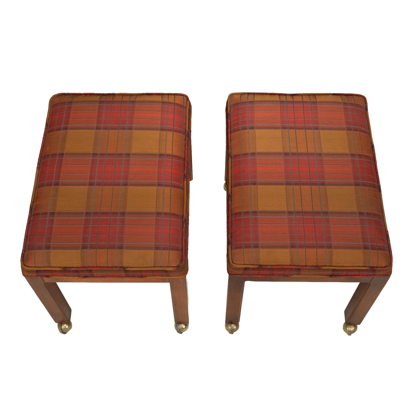 1960s Vintage Plaid Upholstered Rolling Stools Ottomans on Brass Casters | Mid Century Footstools Pair | Retro Accent Seating