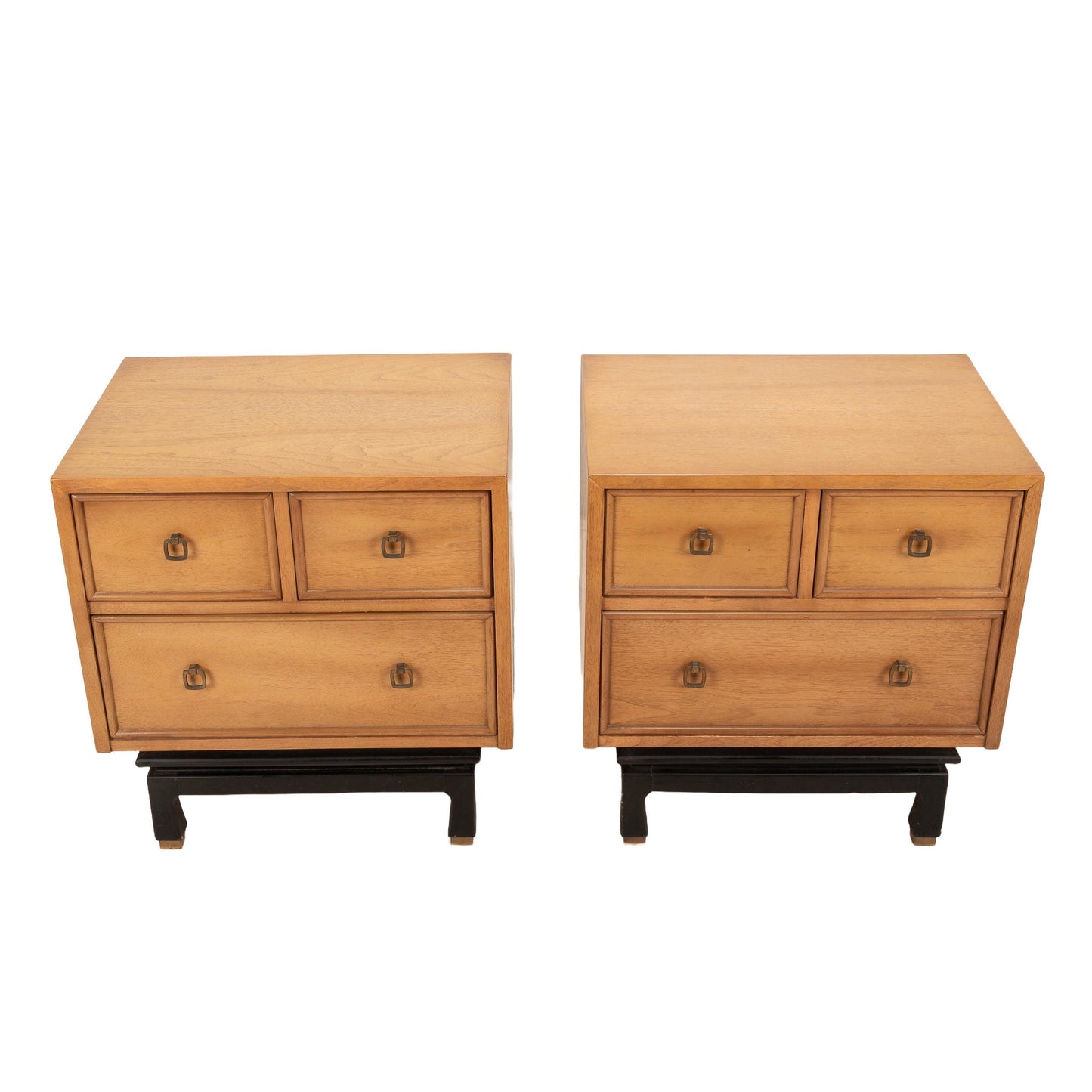 Pair of American of Martinsville Nightstands – Asian Inspired Blonde Walnut, Mid Century Modern 3-Drawer Side Tables, Vintage MCM