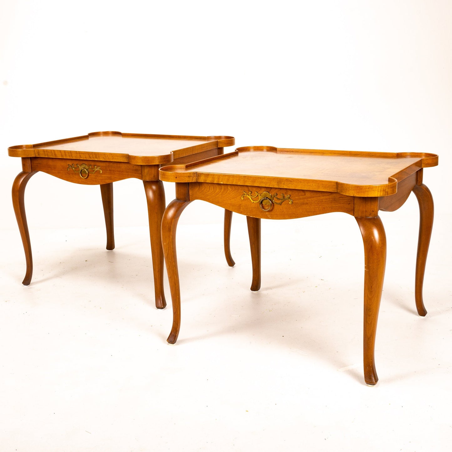 1960s Vintage Baker Furniture Cabriole Rounded Corner Side Tables - a Pair | Ornate Burled Finish | High End Nightstands MCM