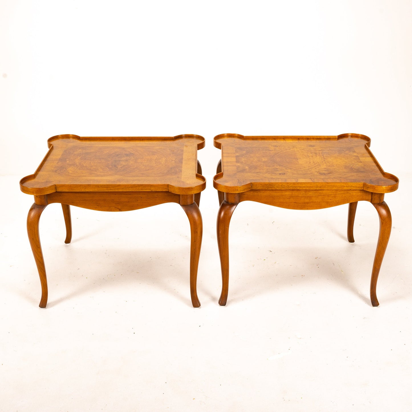 1960s Vintage Baker Furniture Cabriole Rounded Corner Side Tables - a Pair | Ornate Burled Finish | High End Nightstands MCM