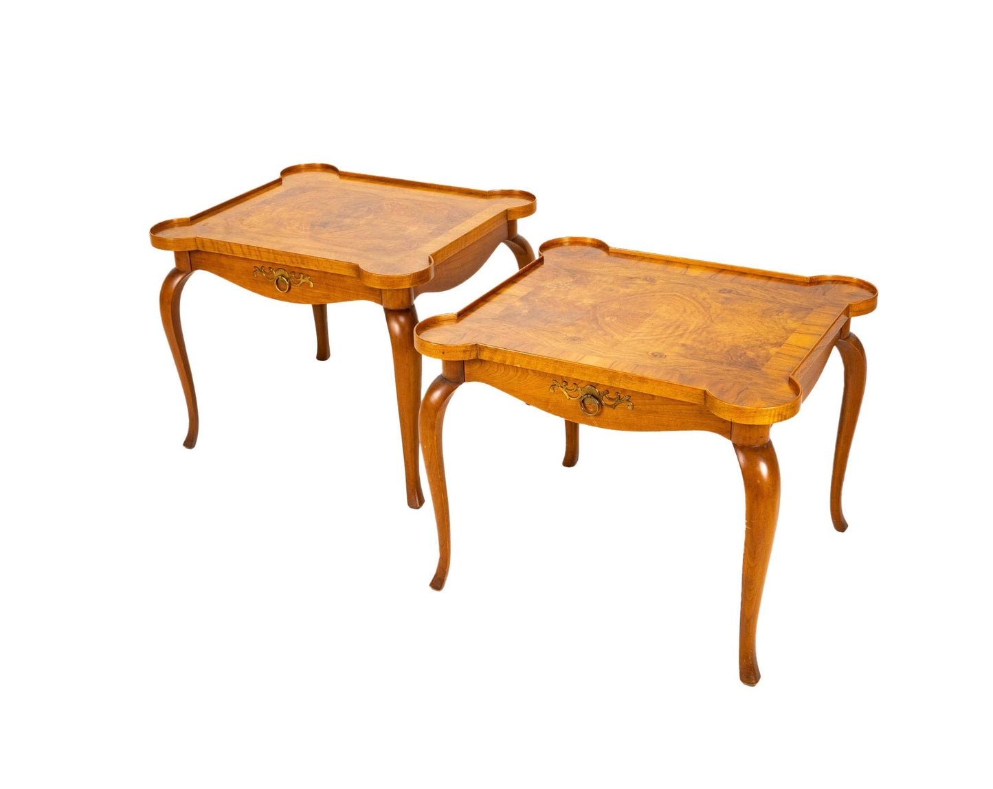 1960s Vintage Baker Furniture Cabriole Rounded Corner Side Tables - a Pair | Ornate Burled Finish | High End Nightstands MCM