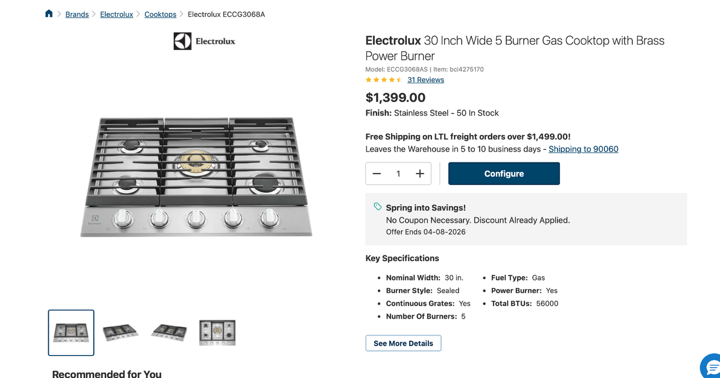 NEW Electrolux ECCG3068A 30" 5 Burner Gas Cooktop - Stainless Steel $1400 MSRP