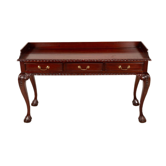 1940s Mahogany Chippendale Ball & Claw 3 Drawer Writing Desk/ Sofa Table , Elegant Carved Table, Baroque Console, Deep Wood Tones,