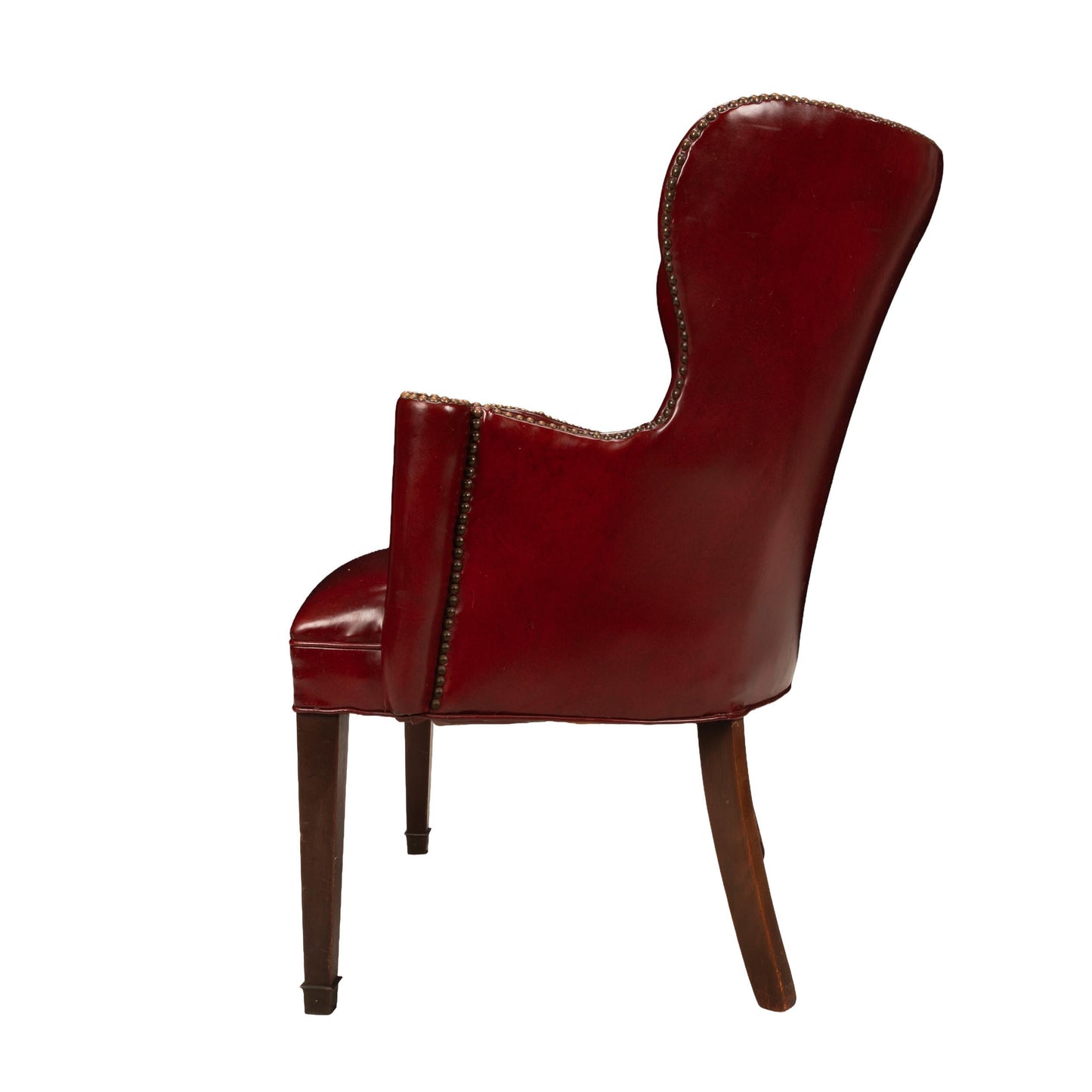 1950s Burgundy Red Vinyl Wingback Club Chair | Studded Library Lounge Armchair | Mid Century Accent Seating