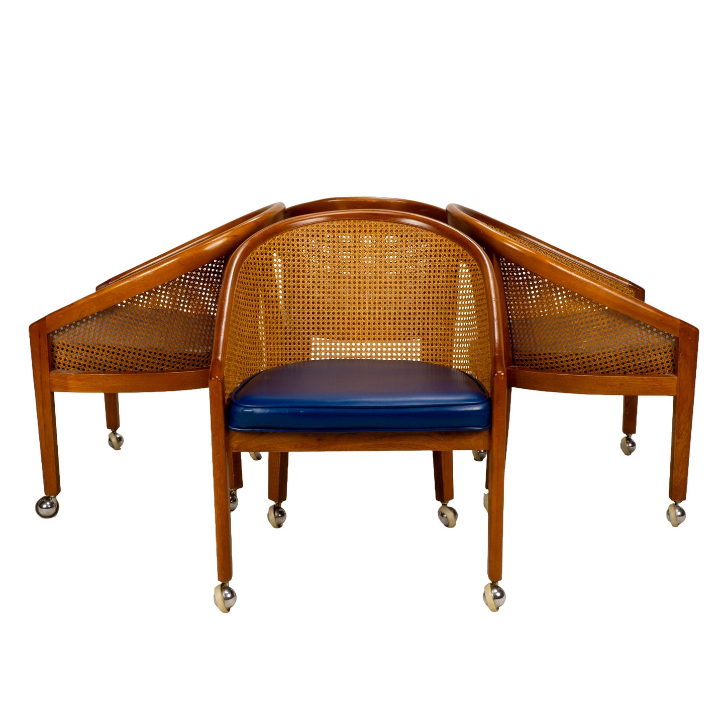 Set of 4 Bent Oak & Cane Tub Chairs on Casters W/ Royal Blue Cushions in the Manner of Ward Bennett