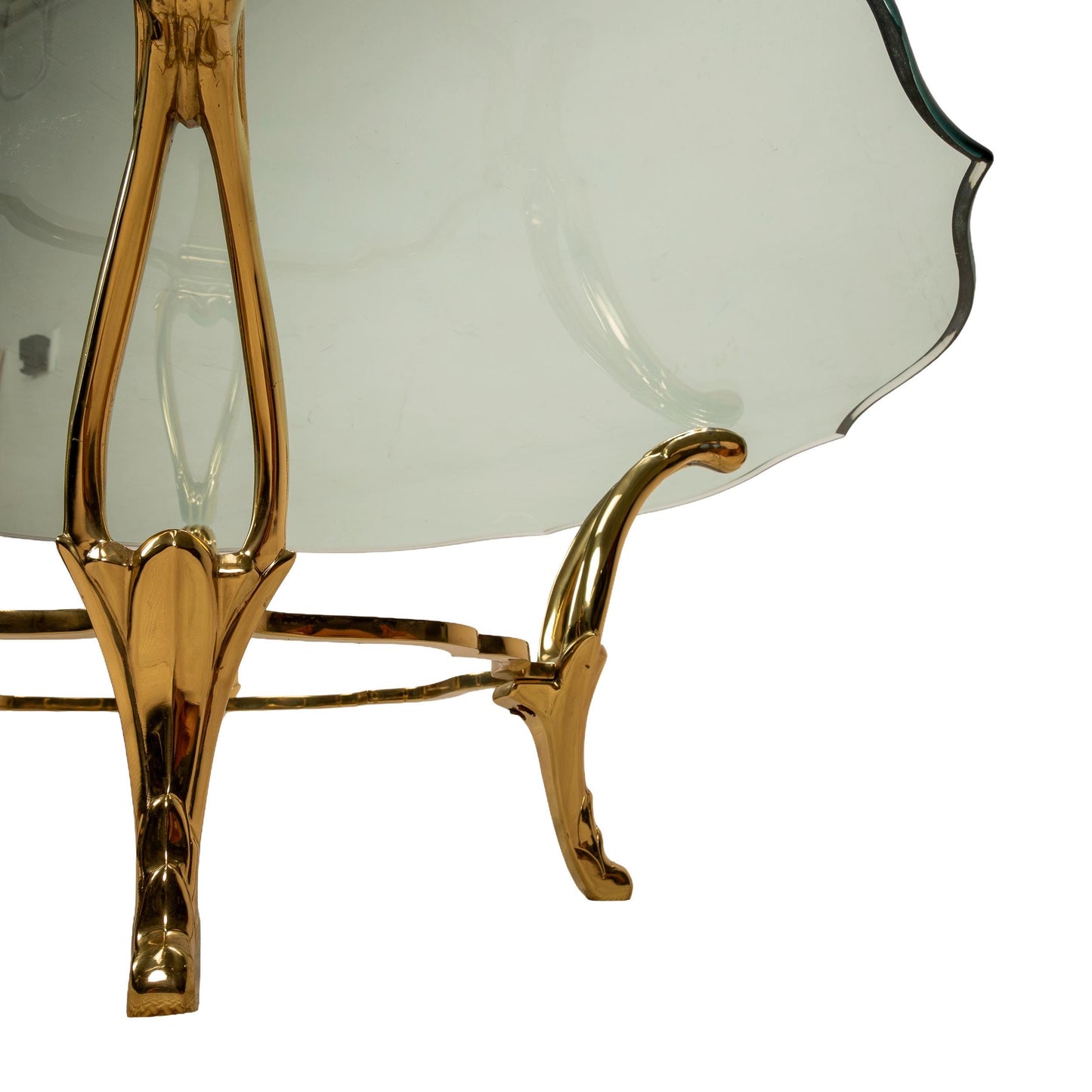 Hollywood Regency Brass & Glass Sculptural Coffee Table - Solid Brass Frame / Thick Ogee Beveled Glass