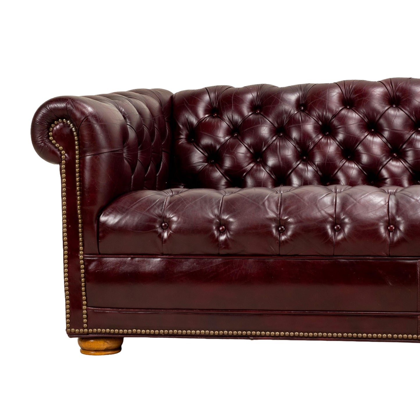Vintage 1970s Tufted English Chesterfield Style Burgundy Leather Sofa 76"
