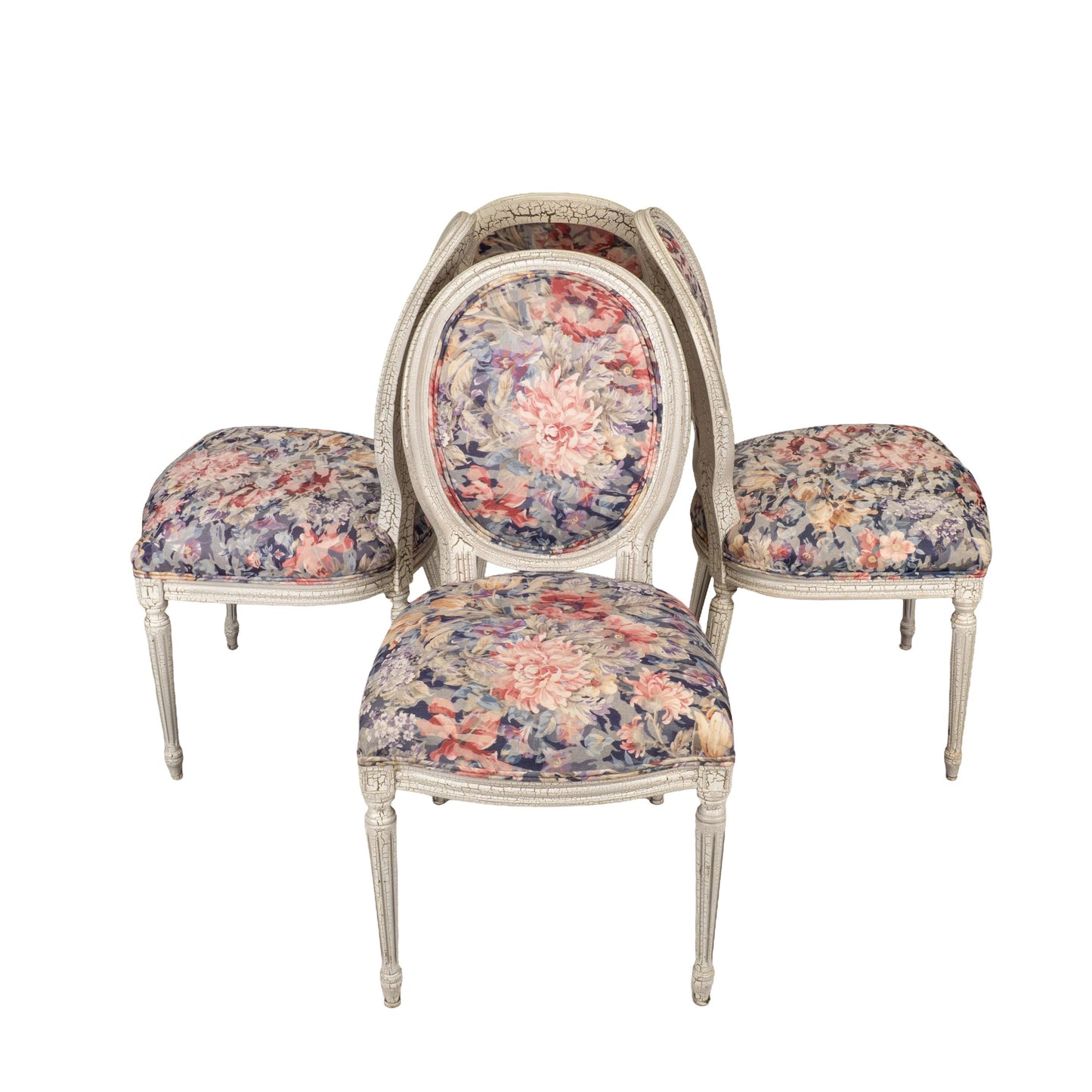 French Style Shabby Chic Dining Chairs Floral Upholstery Distressed Crackle Finish - Set of 4