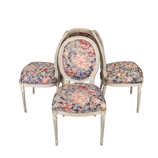 French Style Shabby Chic Dining Chairs Floral Upholstery Distressed Crackle Finish - Set of 4