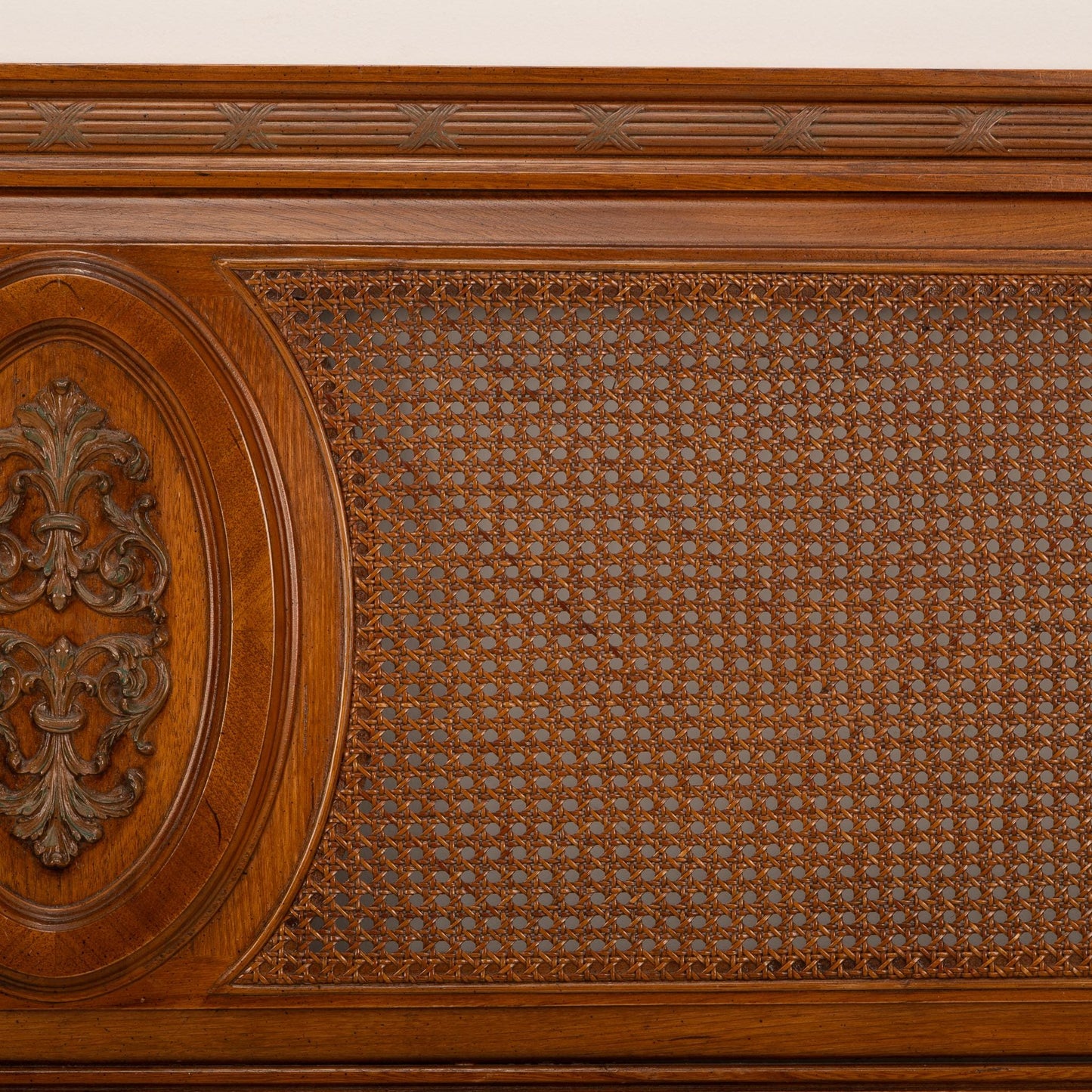 1970s French Regency Louis XVI Wood & Cane King Size Headboard - Gorgeous Detail Work, Wicker Back Caning, Unique Piece, USA Shipping Avail
