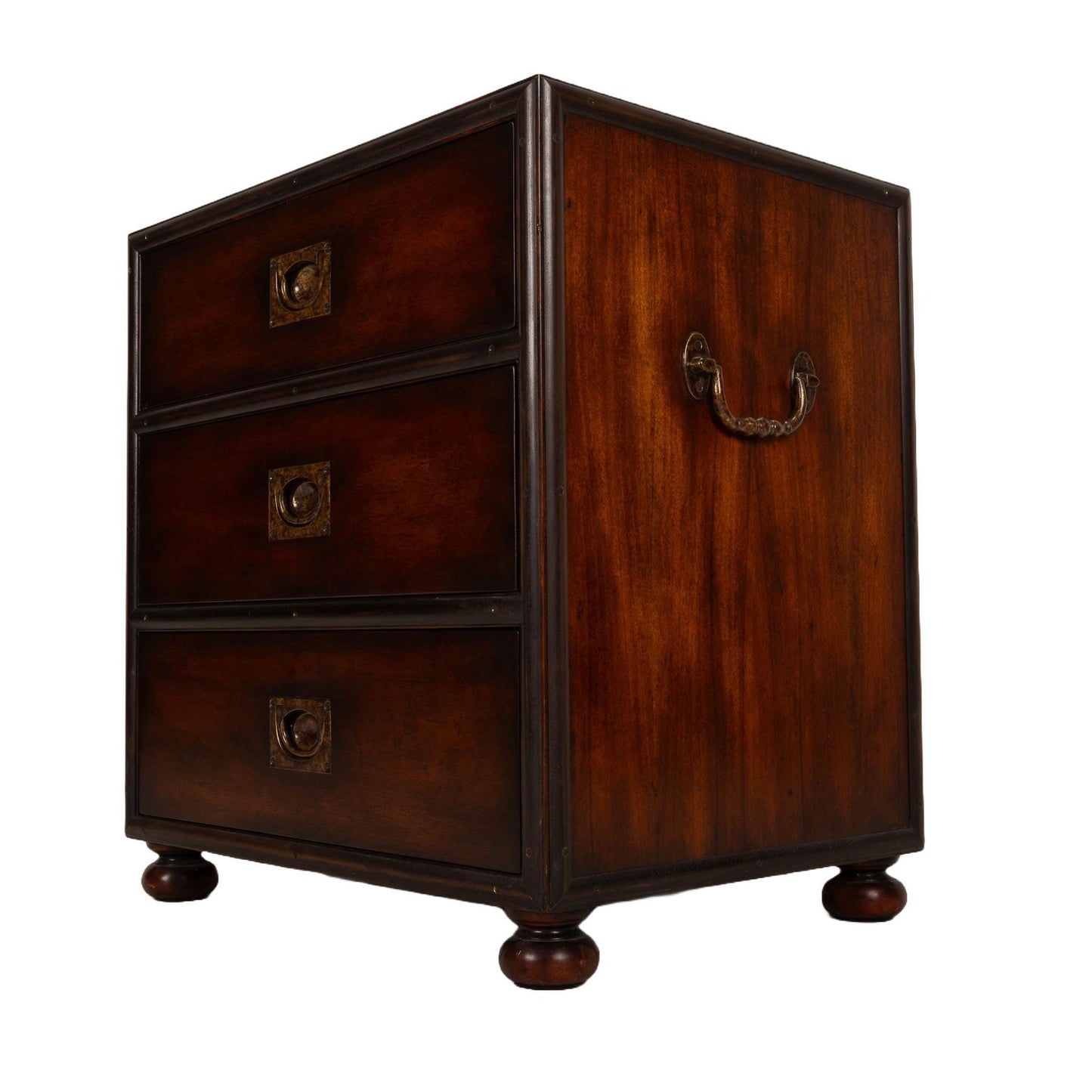 Antique Solid Mahogany English Brass Banded Campaign Style Small Chest of Drawers, Very Solid and Heavy, Timeless Piece USA Shipping Avail.