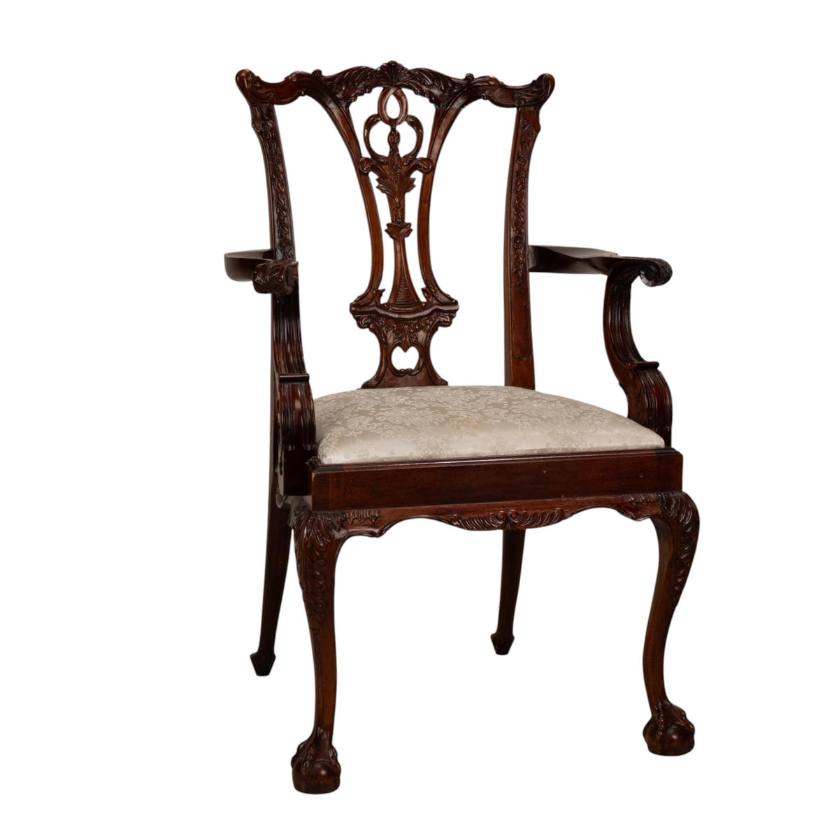 Pair Antique Chippendale Revival Carved Mahogany Ball & Claw Arm Chairs