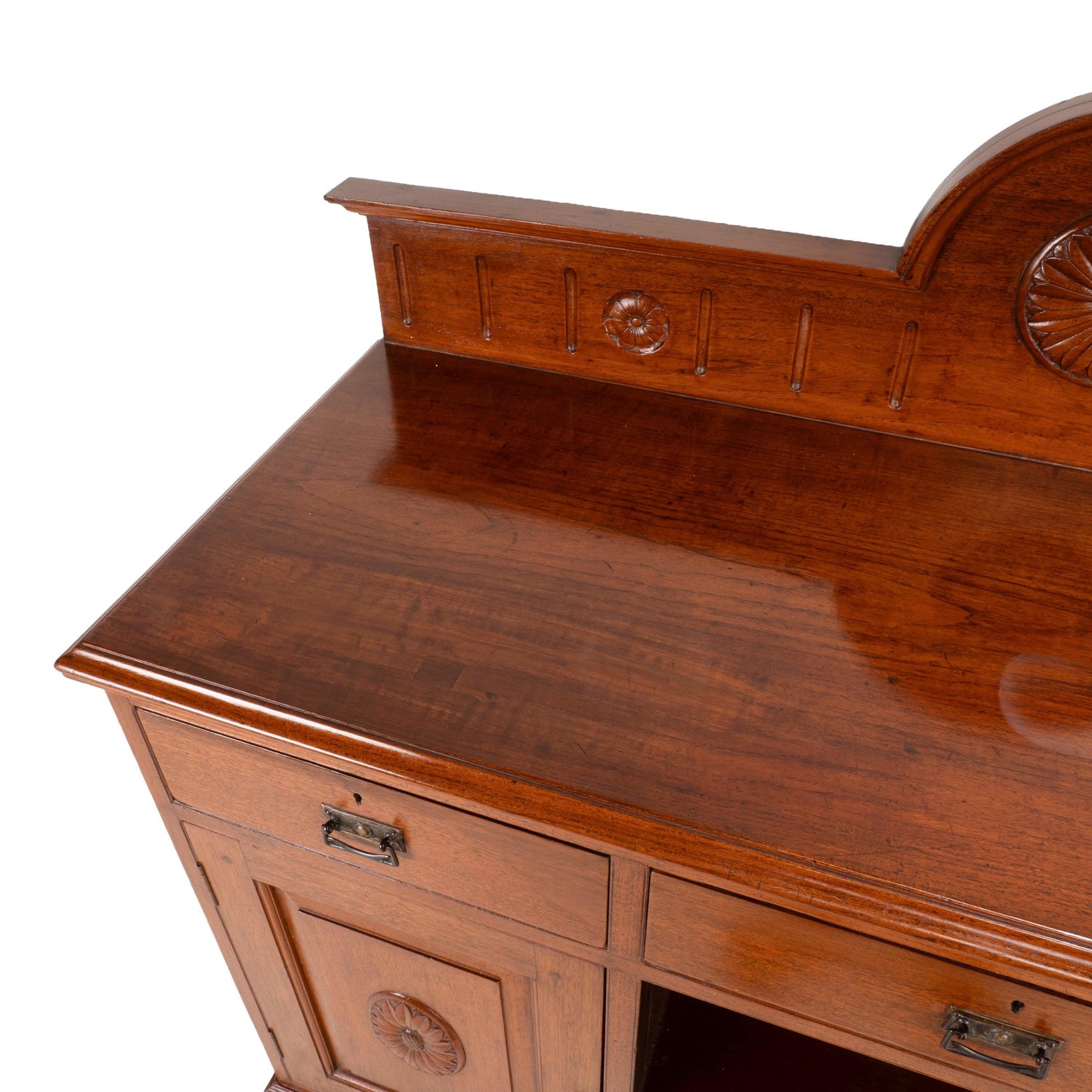 English Edwardian Oak Sideboard Buffet Server Carved Sunflower Motif Cabinet