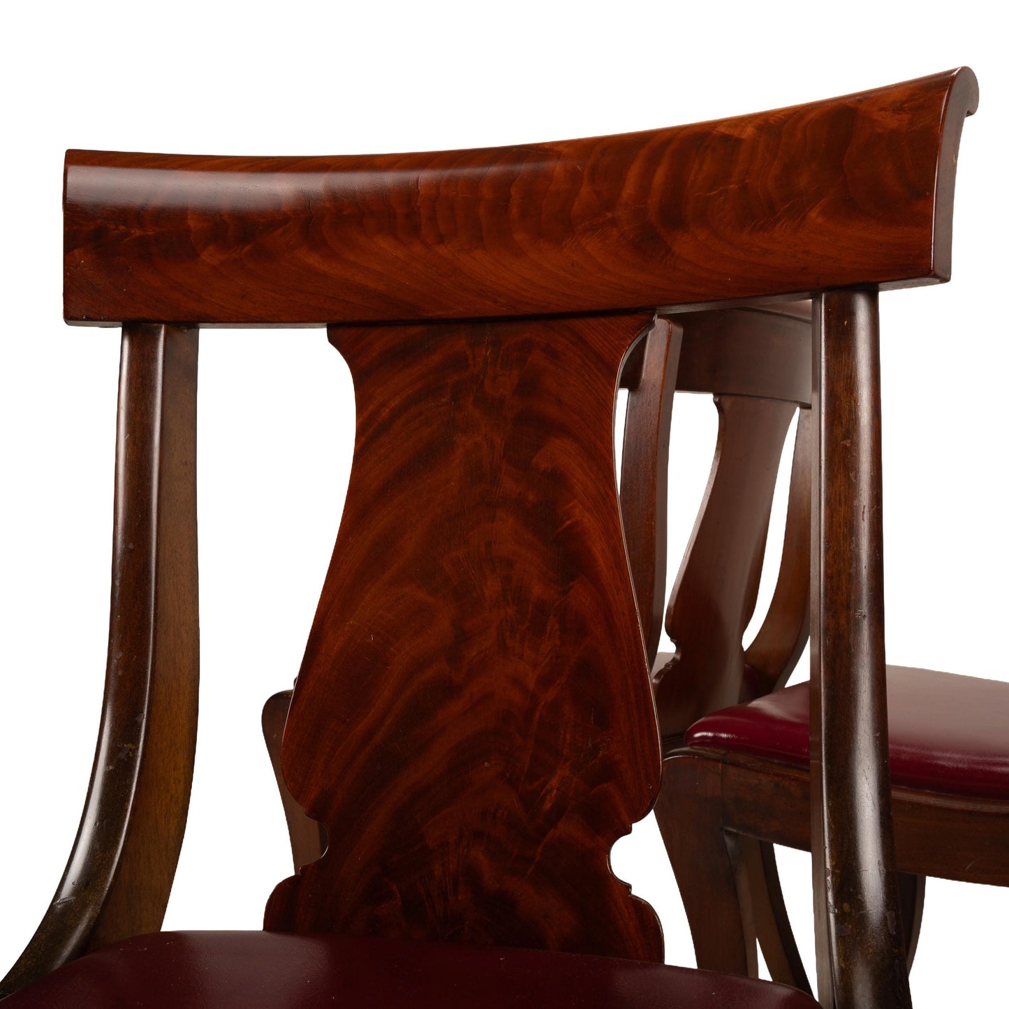 Antique 19th Century Flame Mahogany Gondola Dining Chairs with Saber Legs – Set of 4, Vintage Neoclassical Dining Seating