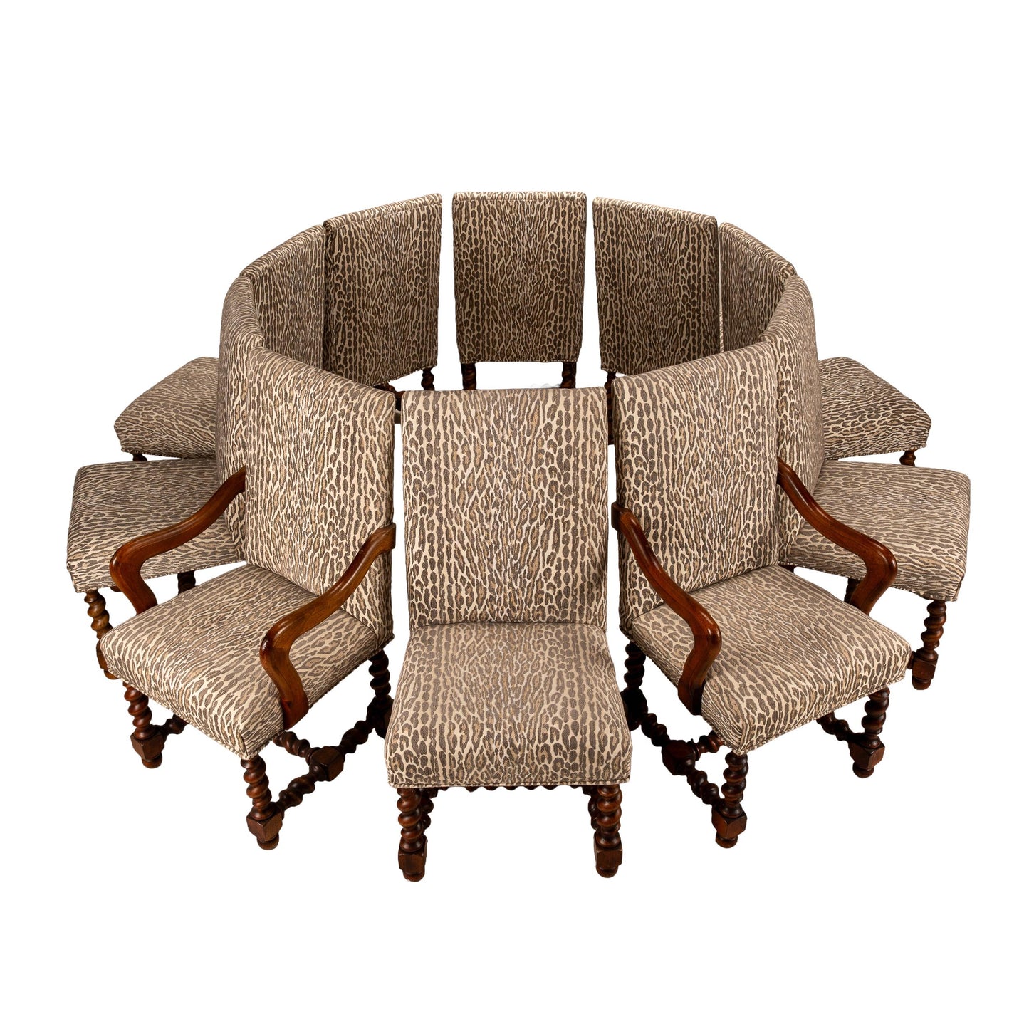 Jacobean Style Barley Twist Dining Chairs in Leopard Print Upholstery – Set of 10