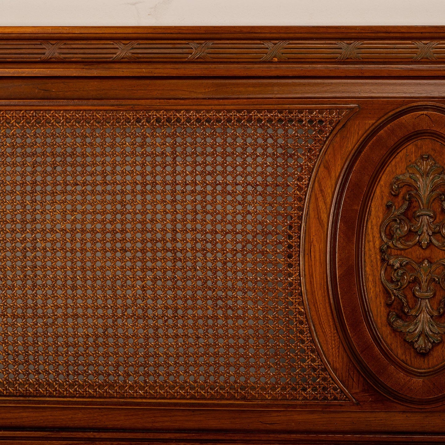 1970s French Regency Louis XVI Wood & Cane King Size Headboard - Gorgeous Detail Work, Wicker Back Caning, Unique Piece, USA Shipping Avail