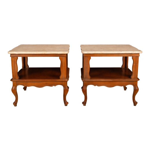 Pair Vintage Queen Anne Carved Side Tables with Portuguese Cream Marble Tops - Classic Traditional Accent End Tables