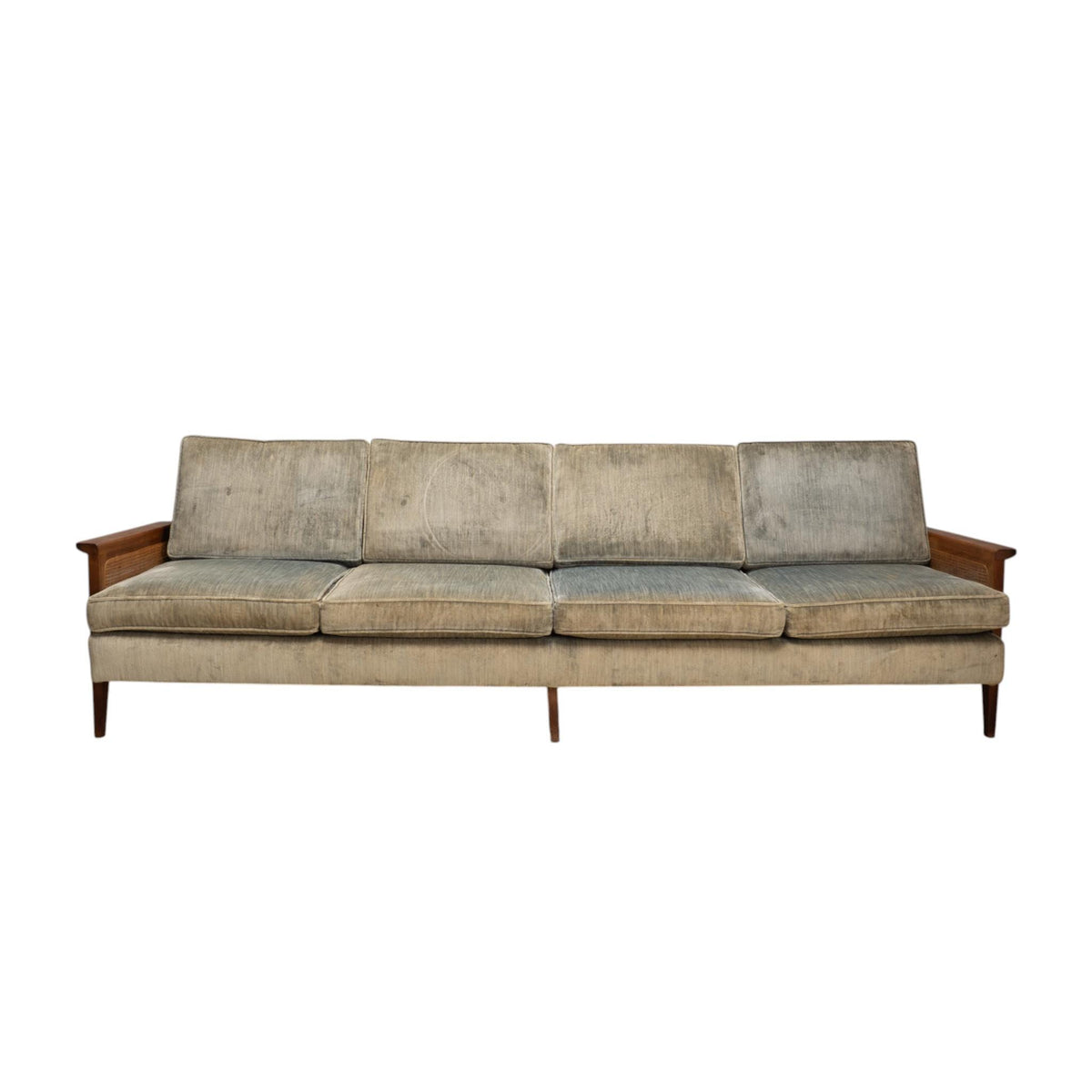 1960s Mid Century Modern 101" Caned Walnut Velvet Sofa for Reupholstery