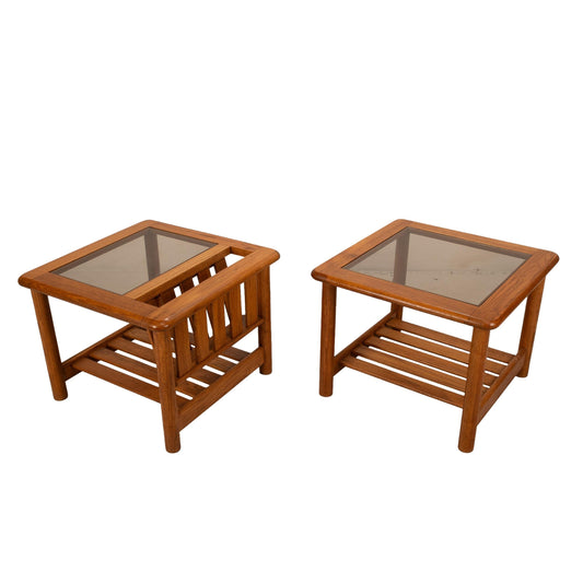 1970's Mersman Solid Oak & Smoked Glass End Tables / Magazine Tables - Set of Two