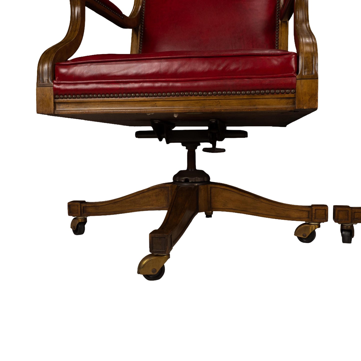 Pair of Baker Furniture Rolling Executive Chairs in Carved Wood & Burgundy Vinyl Upholstery