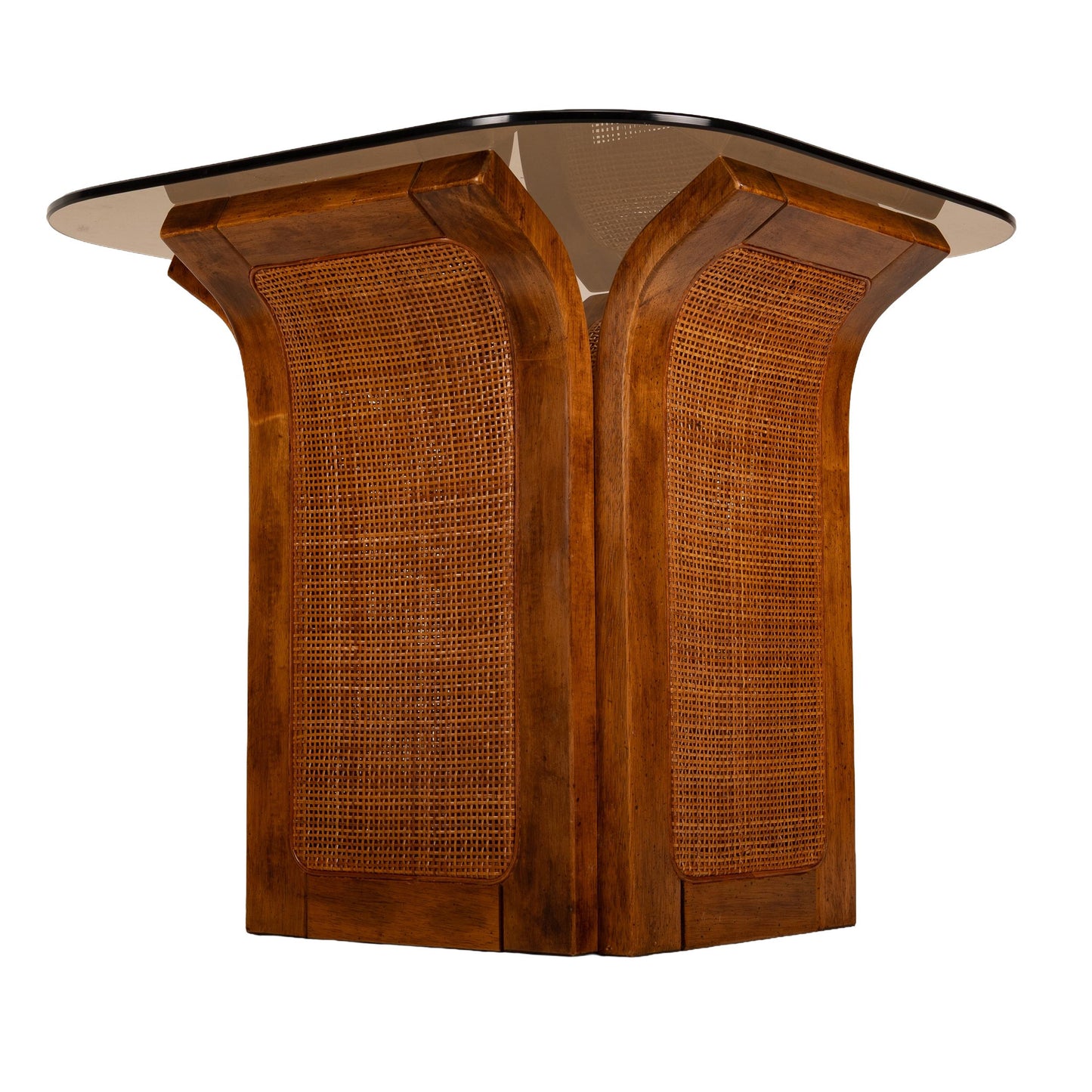 1960s Mid Century Modern Double Wicker Bentwood Side Tables with Smoked Glass Tops – Retro Boho Chic Vintage Accent End Tables