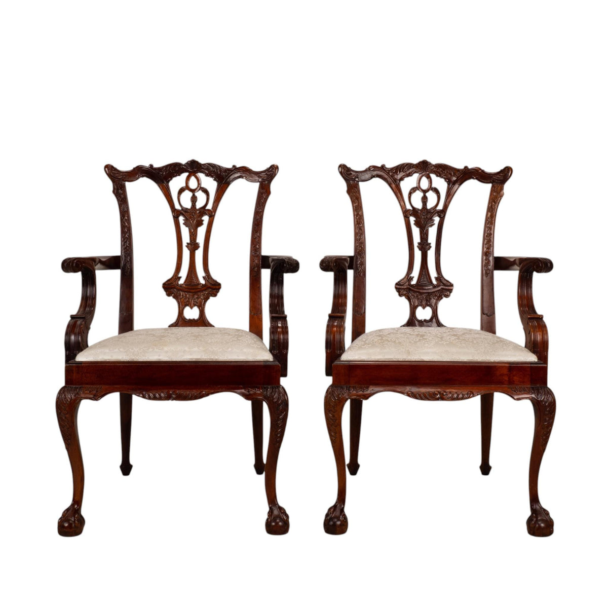Pair Antique Chippendale Revival Carved Mahogany Ball & Claw Arm Chairs