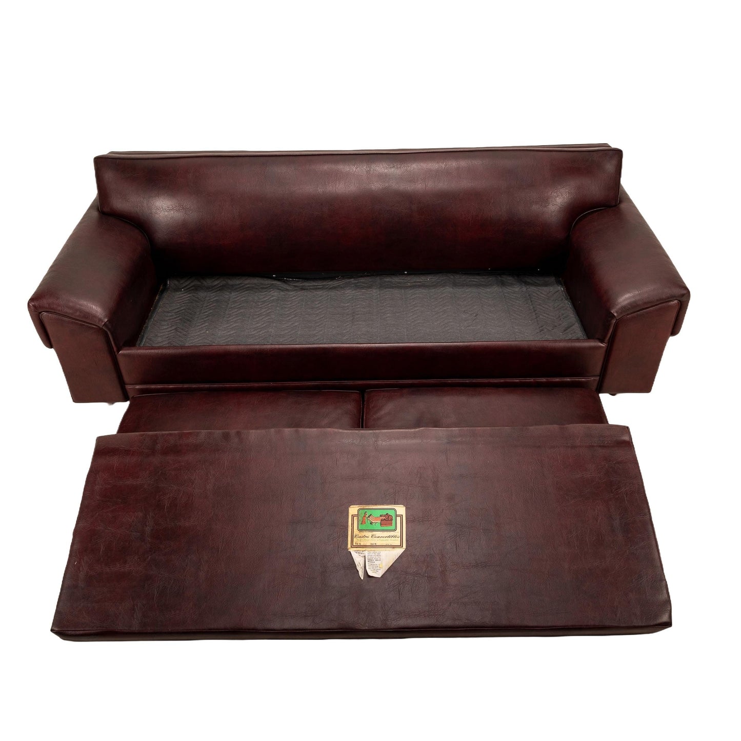 1960s Mid Century Modern Castro Convertible Naugahyde Long Sofa in Dark Burgundy , MCM Retro Mod Lowrider Couch USA Shipping Available