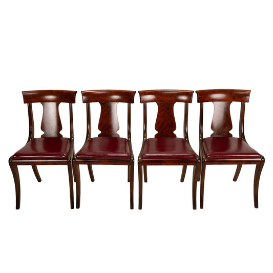 Antique 19th Century Flame Mahogany Gondola Dining Chairs with Saber Legs – Set of 4, Vintage Neoclassical Dining Seating