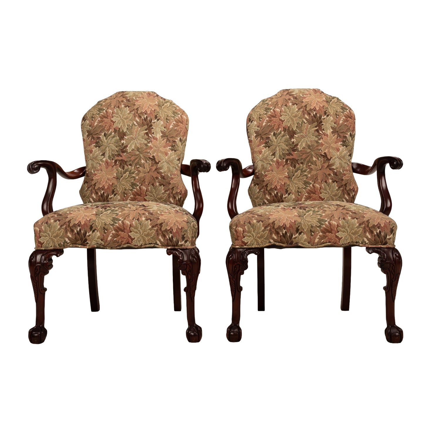 George II Revival Open Arm Floral Claw Footed Arm Chairs – Pair, Vintage Antique English Style Seating, Elegant Upholstered Chairs
