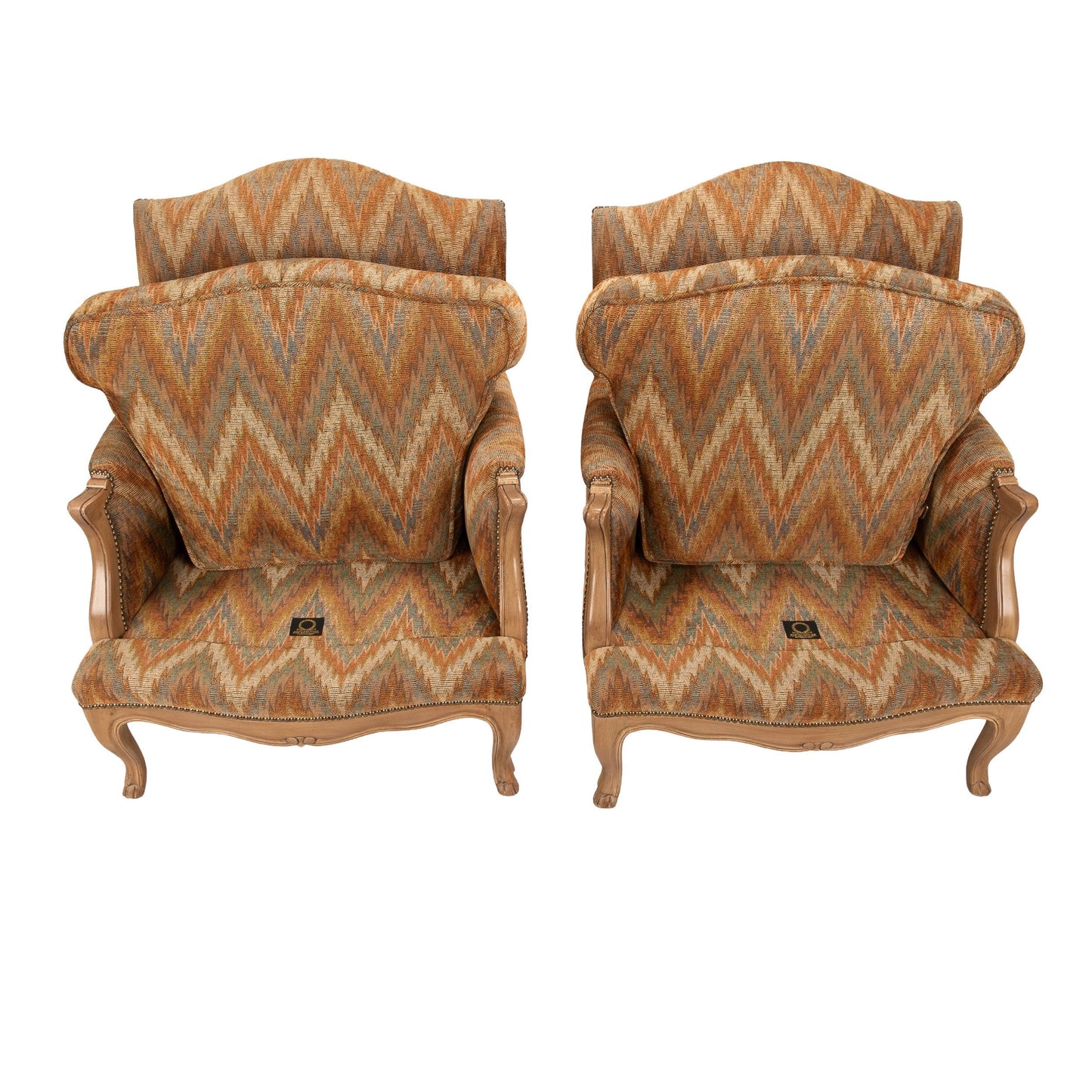 Louis XV Style Chevron Print Brass Studded Bergère Chairs by William Switzer – Pair, Vintage French Style Accent Seating
