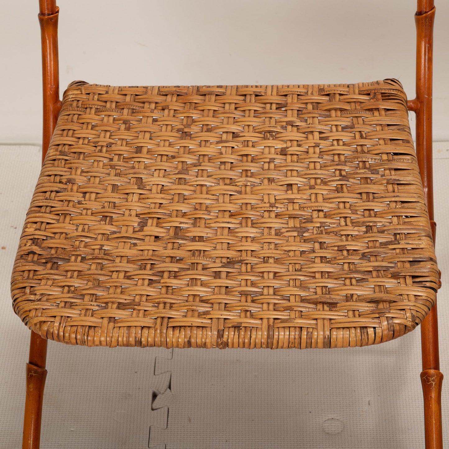 Mid Century Pair of French Iron Faux Bamboo & Wicker Folding Chairs - Boho Chic Unique Statement Pieces, Elegant Design, USA Shipping Avail.