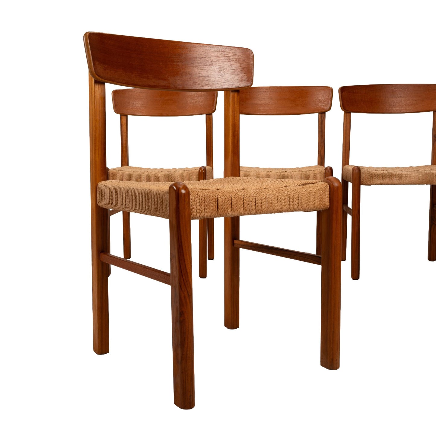 Scandinavian Modern Style Sun Cabinet Teak Dining Chairs W/ Paper Cord Seats - Set of 4