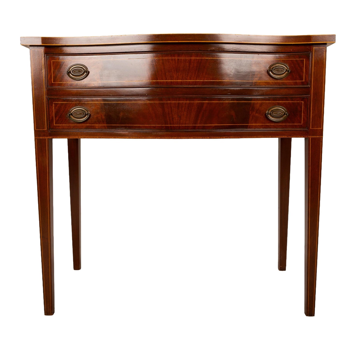 Vintage Federal Style Bow-Front Two-Drawer Console Table W/ Flamed Mahogany Details and Brass Hardware