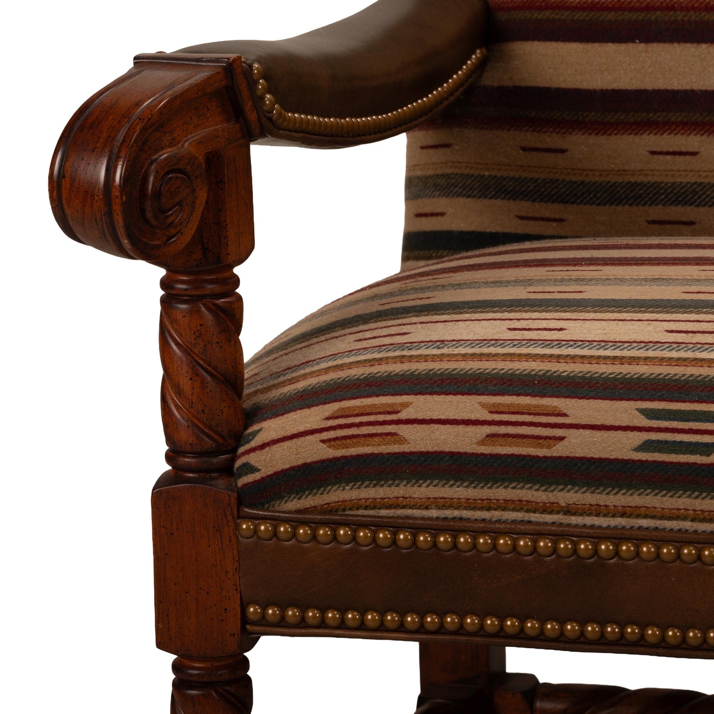 Hancock & Moore Louis XIII French Style Barley Twist Throne Armchairs W/ Southwestern Wool Geometric Fabric