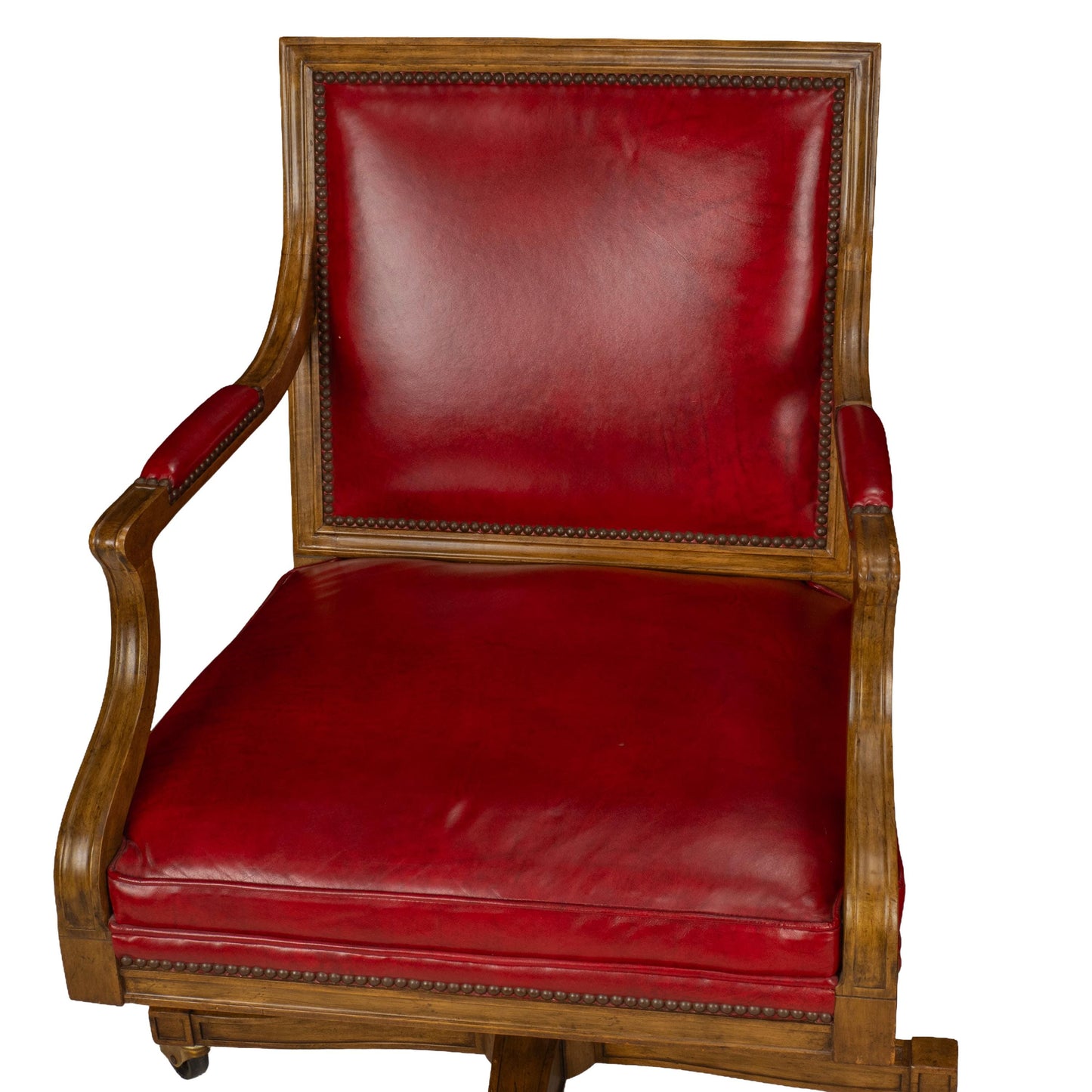 Pair of Baker Furniture Rolling Executive Chairs in Carved Wood & Burgundy Vinyl Upholstery