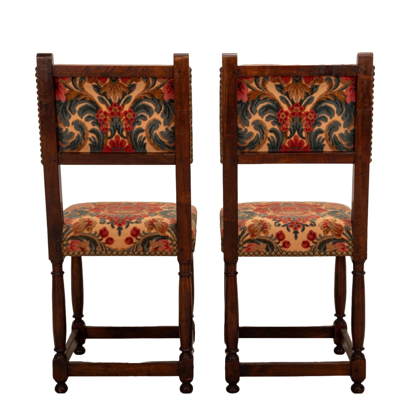 Antique French Walnut Baroque Cut Velvet Studded Floral Side Chairs - A Pair , Gorgeous French Antiques, High End Statement Piece