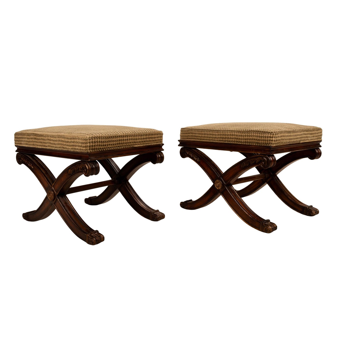 Ethan Allen Carved Wood X-Base Low Stools With Houndstooth Upholstery - A Pair