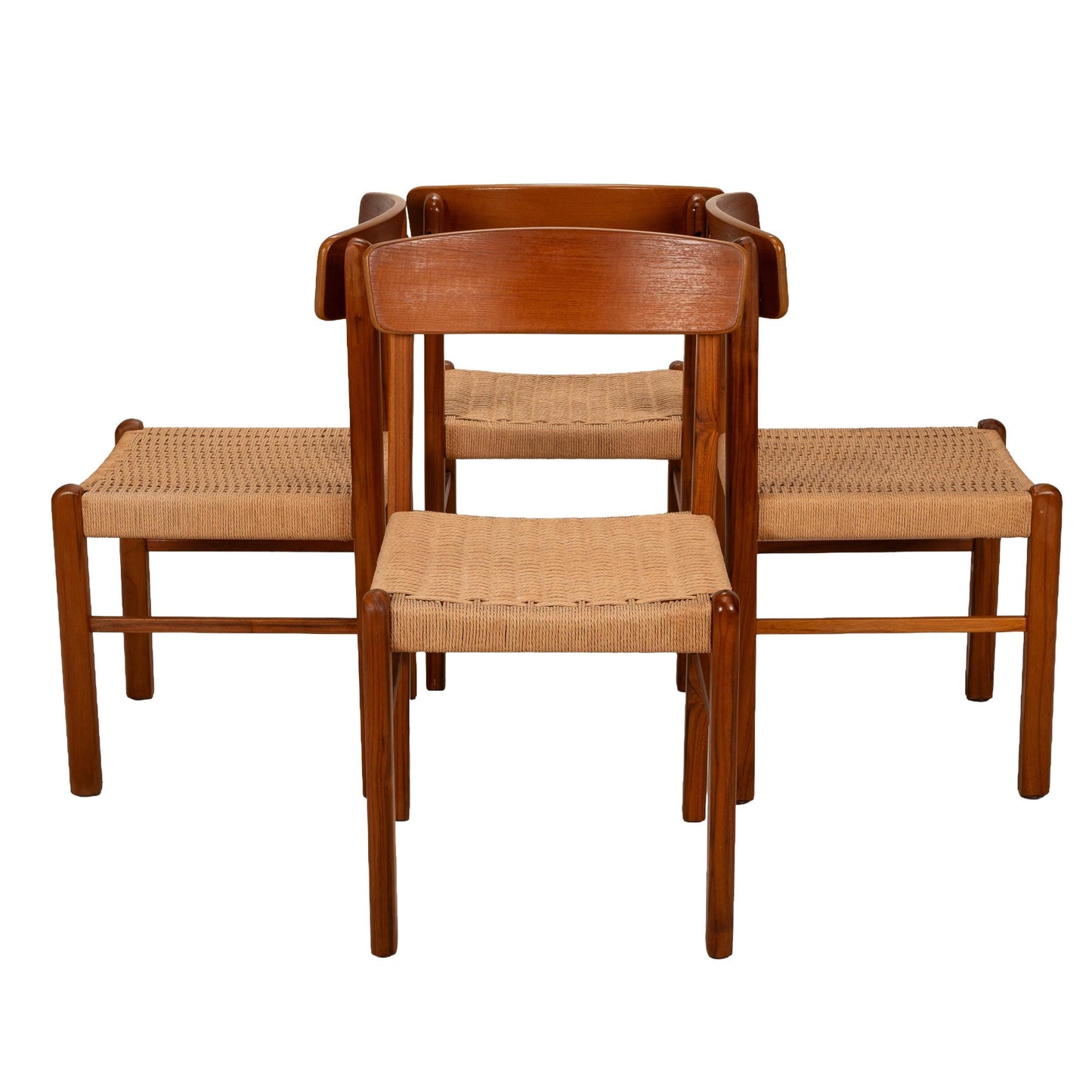 Scandinavian Modern Style Sun Cabinet Teak Dining Chairs W/ Paper Cord Seats - Set of 4