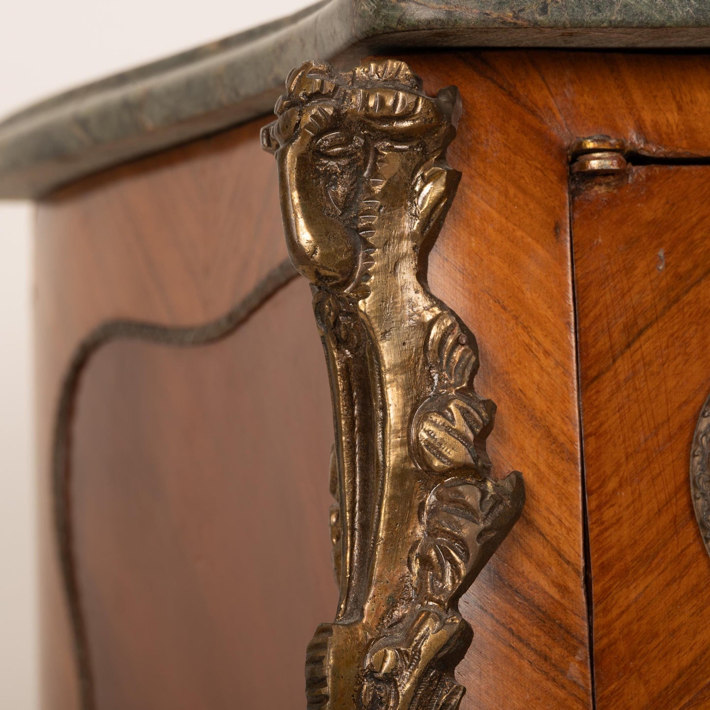 Antique French Louis XV Style Commode W/ Green Marble Top & Marquetry Inlay