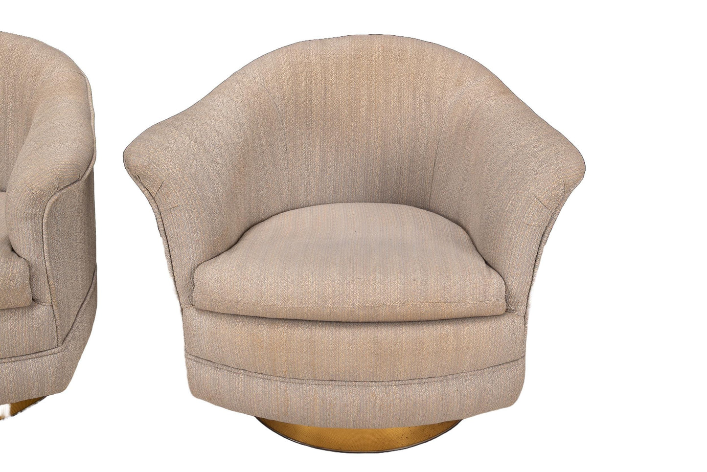1989 Milo Baughman for Thayer Coggin Swivel Tub Lounge Chairs - A Pair , Hollywood Regency MCM Gold Trimmed Base USA Shipping Available
