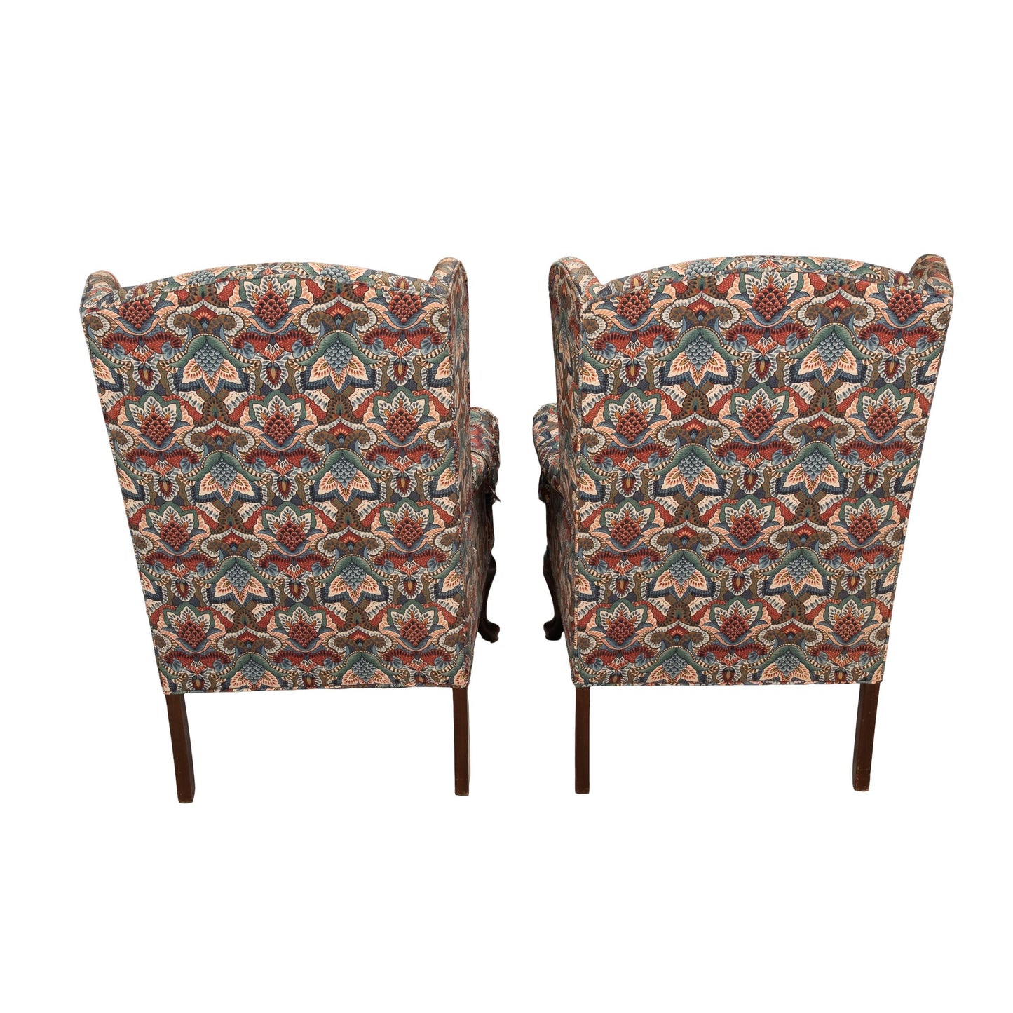 1970s Queen Anne Chippendale Wingback Chairs | Paisley Print Armchair Pair | Vintage Accent Seating Traditional Style USA Shipping Available