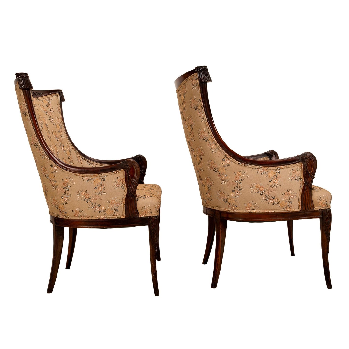 1940s Grosfeld House Carved Mahogany Tassel Back Dorothy Draper Style Bergere Chairs - A Pair Hollywood Regency Tassel Swag USA Ship Avail
