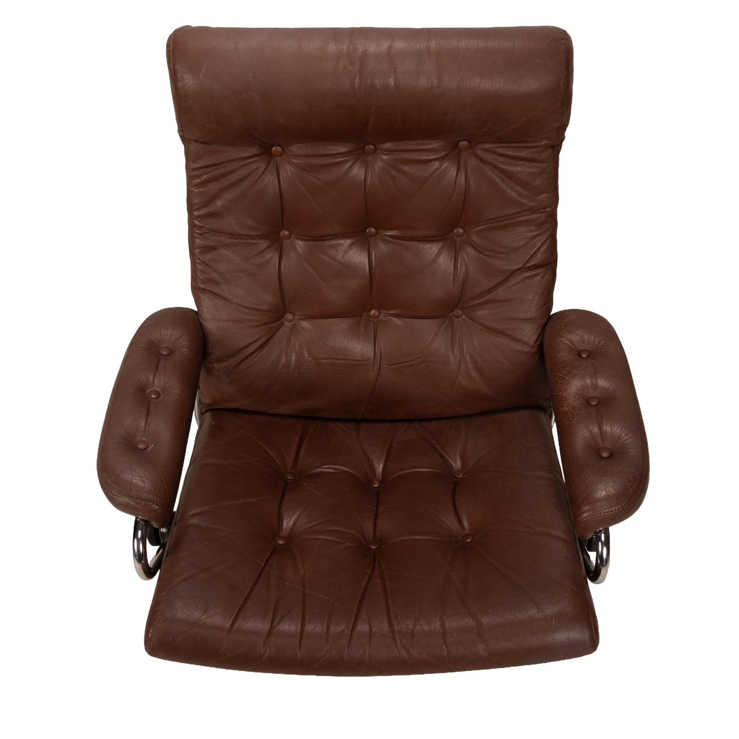 1970s Vintage Ekornes Stressless Recliner & Ottoman in Brown Leather With Chrome Retro Base