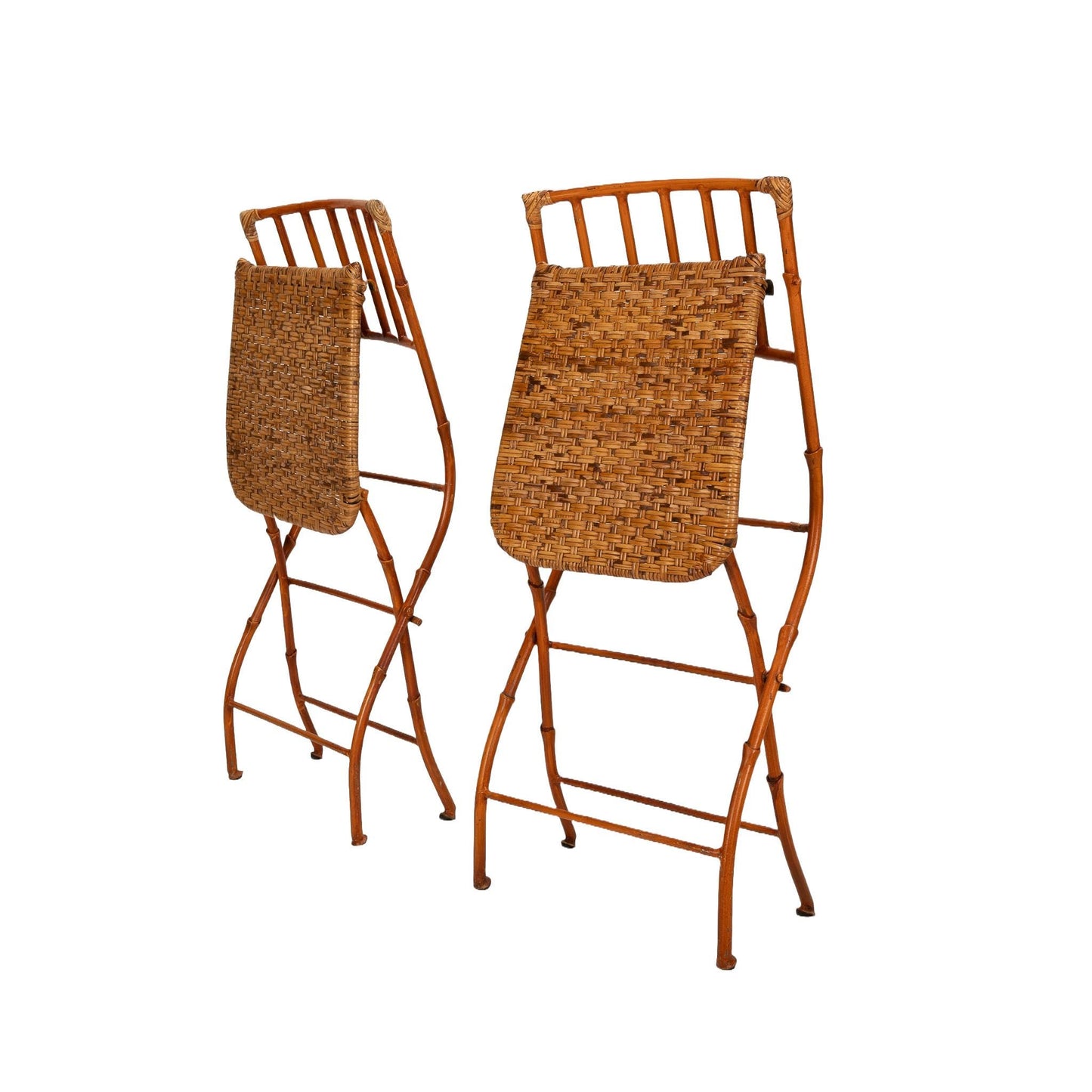 Mid Century Pair of French Iron Faux Bamboo & Wicker Folding Chairs - Boho Chic Unique Statement Pieces, Elegant Design, USA Shipping Avail.
