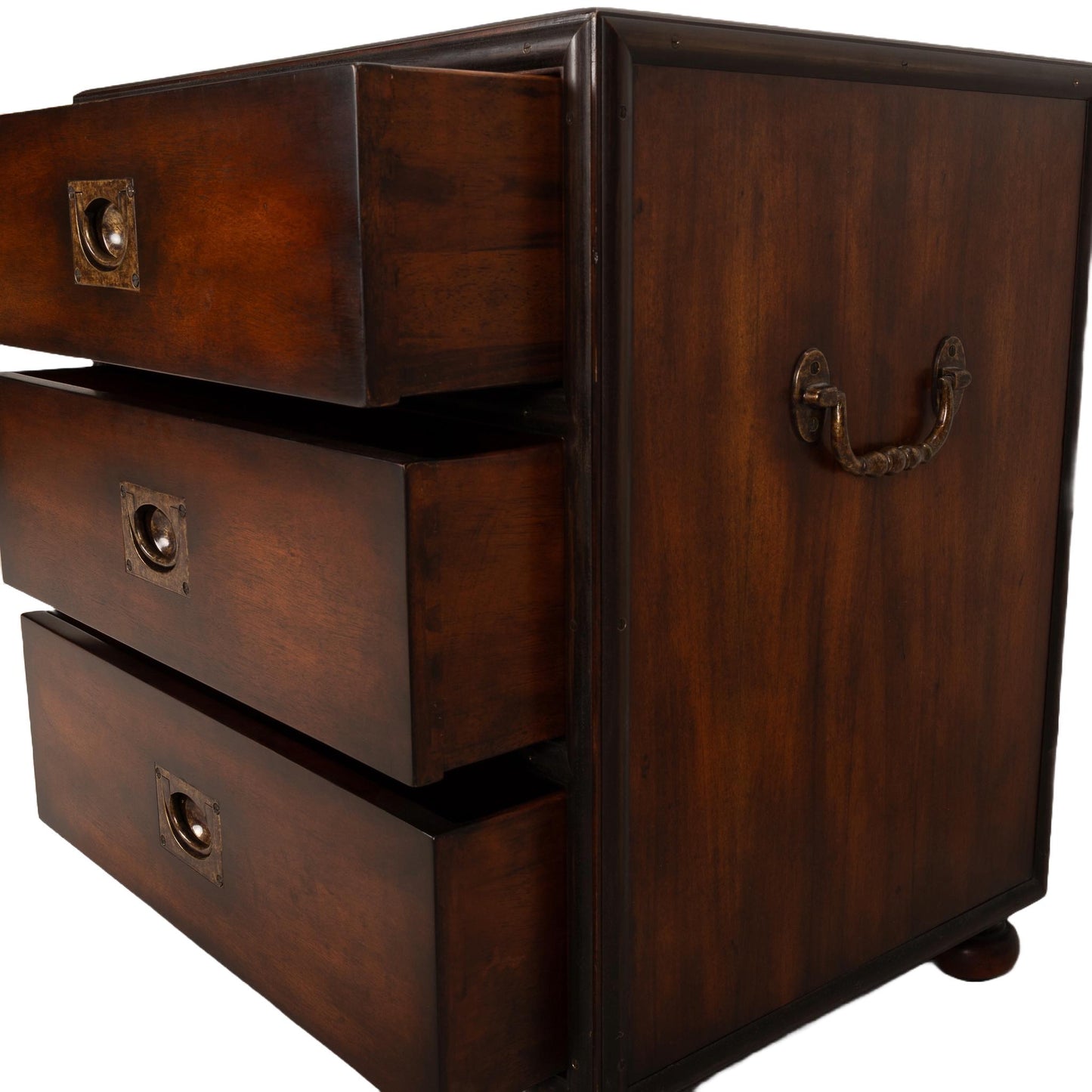 Antique Solid Mahogany English Brass Banded Campaign Style Small Chest of Drawers, Very Solid and Heavy, Timeless Piece USA Shipping Avail.