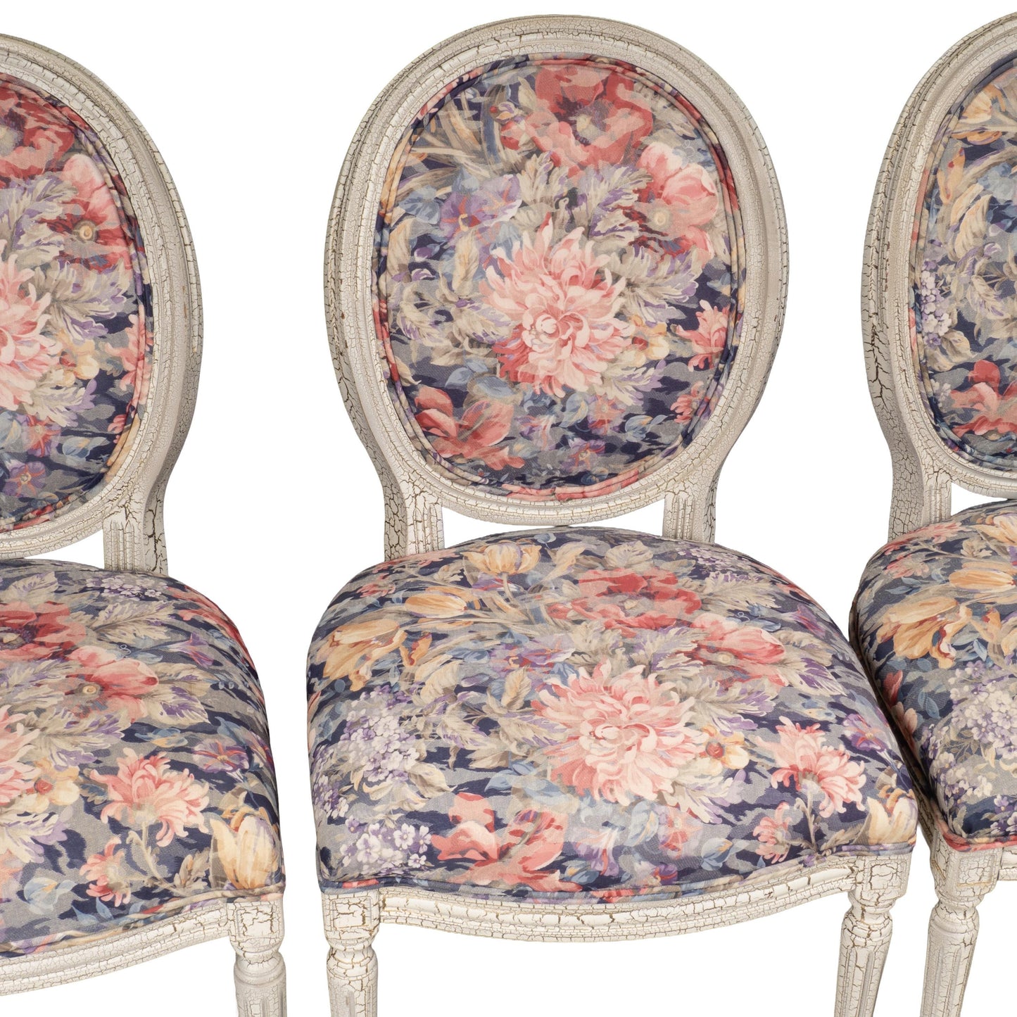 French Style Shabby Chic Dining Chairs Floral Upholstery Distressed Crackle Finish - Set of 4